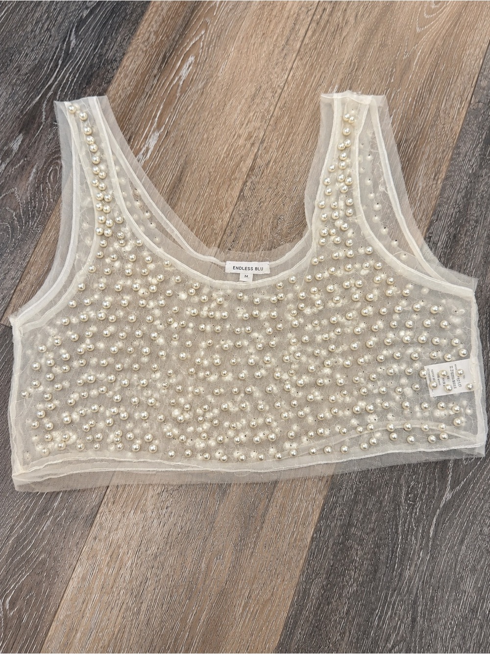 Endless Blu Ivory Pearl-Embellished Sheer Tank